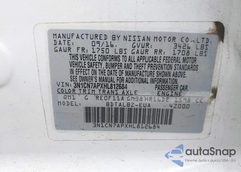 2017 Nissan Versa 1.6 S/1.6 S+/1.6 Sl/1.6 Sv z USA, uszkodzony, nr VIN 3N1CN7APXHL812684